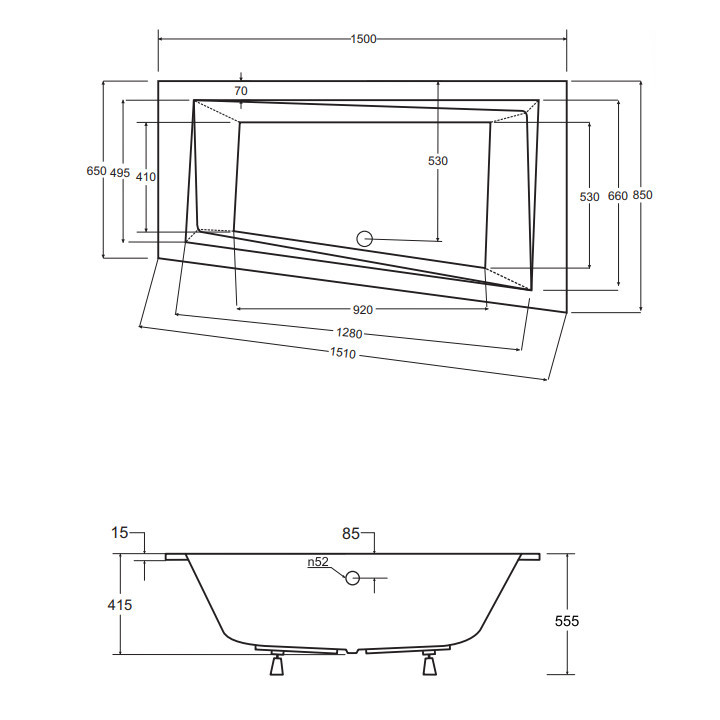 Asymmetrische badewanne Besco Avita Slim, 150x75cm, Version links, Acryl-, weiß