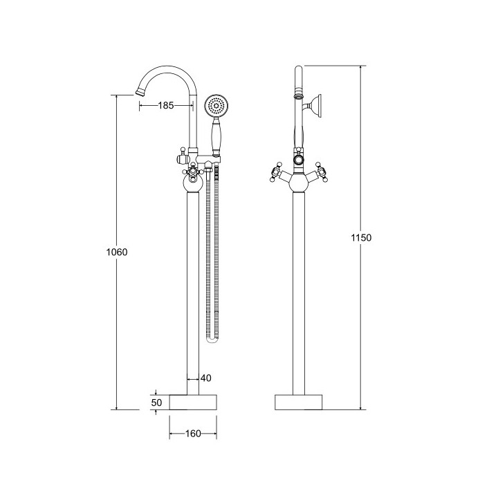 Wannenarmatur freistehend Besco Modern II, Höhe 1120mm, Dusch-Set, Chrom