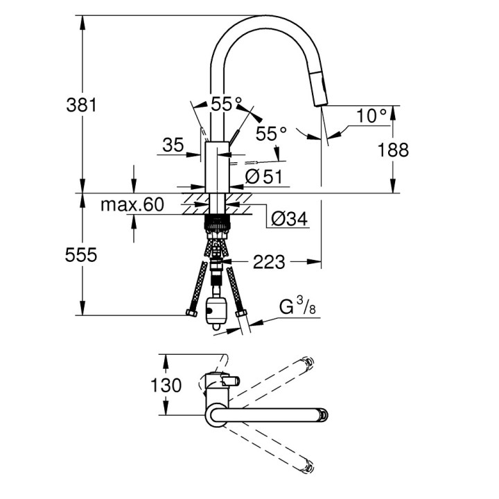 Spültischarmatur Grohe Eurosmart Cosmopolitan, stehend, wyciągana i obracana Auslauf, Chrom