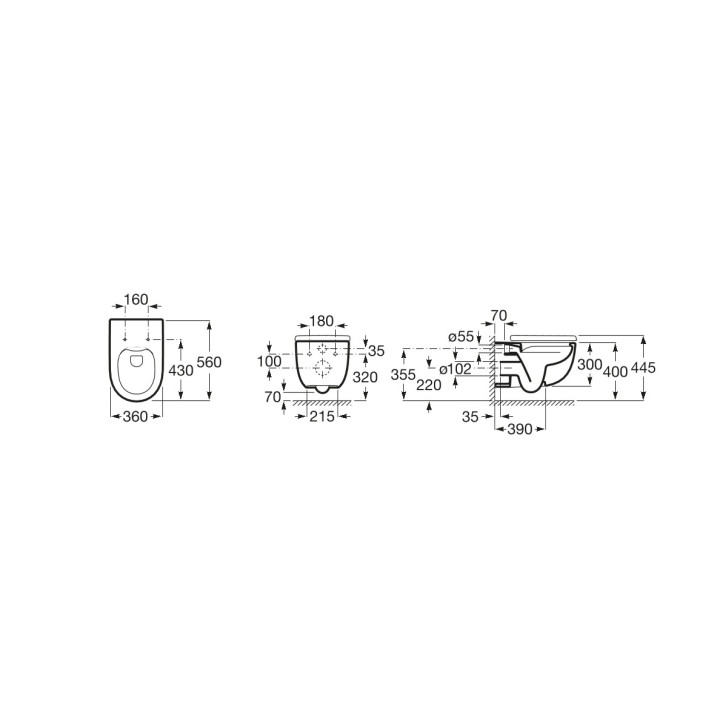 Set Becken abgehängt Roca Meridian, 56x36cm, bezkołnierzowa, Sitz slim mit Softclosing, weiß 
