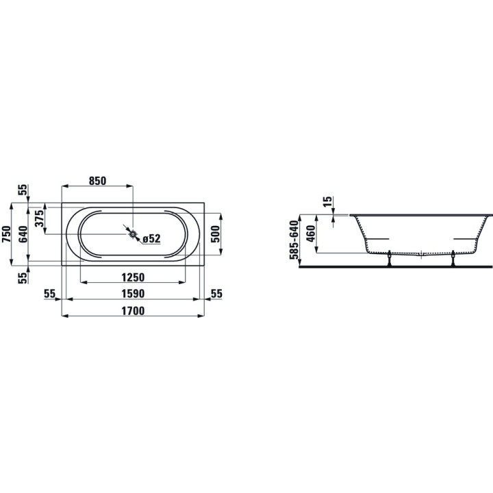 Badewanne rechteckig Einbau- Laufen Pro, 170x75cm, weiß