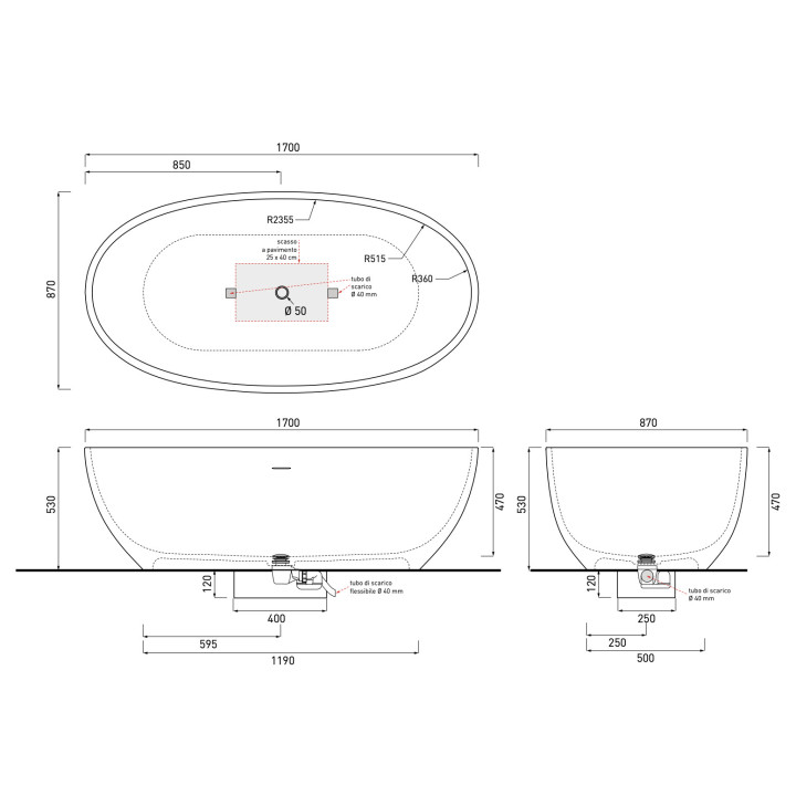 Badewanne freistehend Cielo Shui Comfort, 170x87cm, z Überlauf, weiß matt