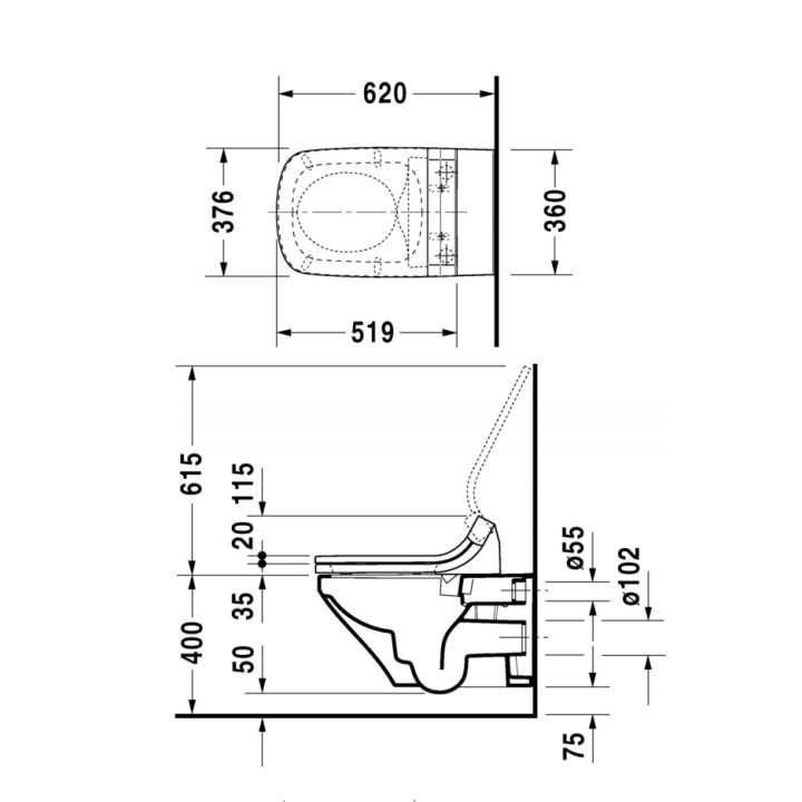 Set Duravit SensoWash Slim, Wand-WC mit Sitz myjącą, 62x37cm, bezrantowa, weiß alpin