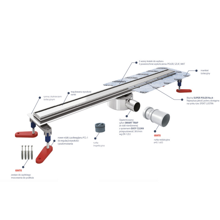 Ablaufrinne, pełny Set,  Wiper New Premium, 1200mm, wzór Ponente, Finish poler
