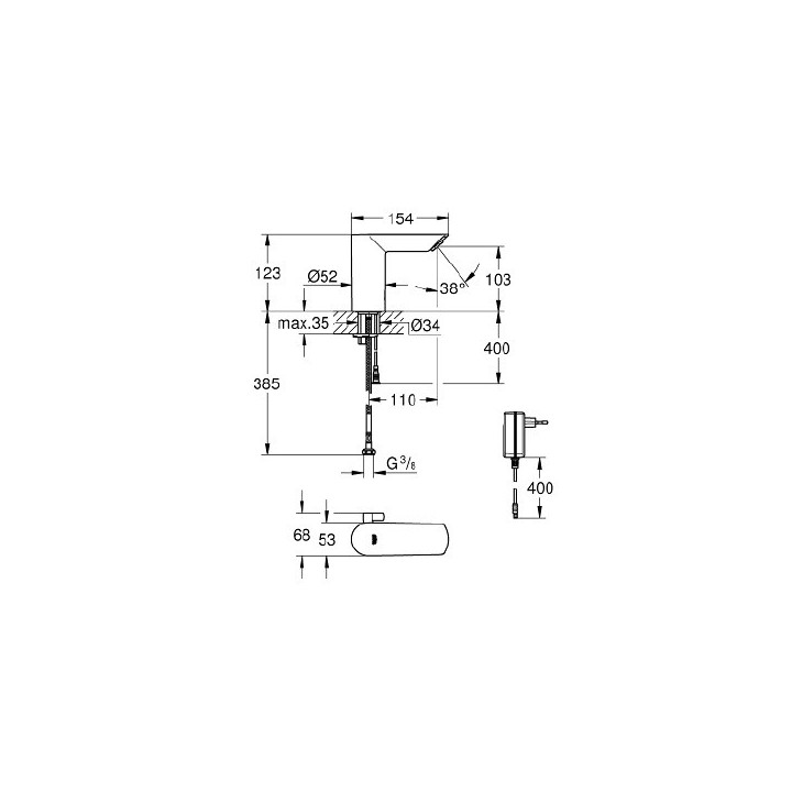 Elektronisch Armatur Infrarot mit Mischer i ogranicznikiem temperatury, Grohe BAU COSMOPOLITAN E - Chrom