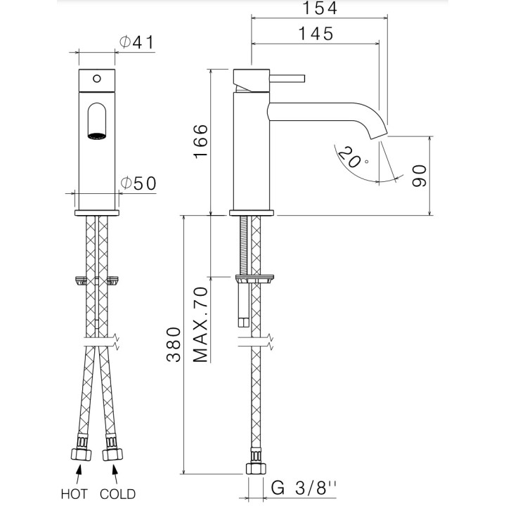 Waschtischarmatur Vema Tiber Steel, stehend, Höhe 166mm, Auslauf 145mm, ohne Stöpsel, rostfreier Stahl inox