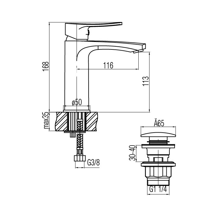 Waschtischarmatur Valvex Dali, stehend, Höhe 146mm, Auslauf 123mm, korek automatyczny, Chrom