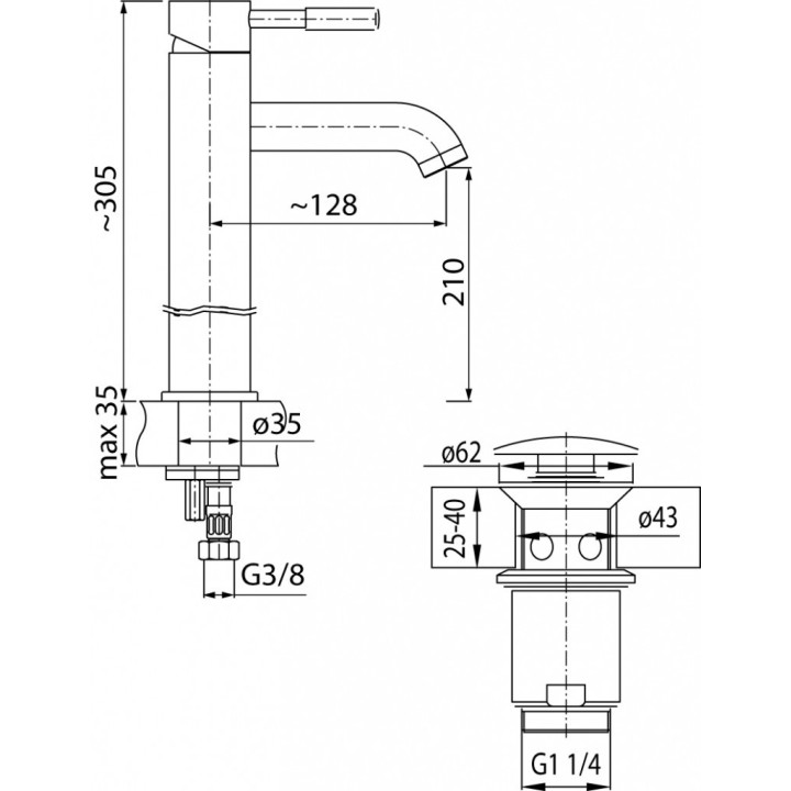 Waschtischarmatur Valvex Vegane, stehend, Höhe 305mm, Auslauf 128mm, korek click-clack, Chrom