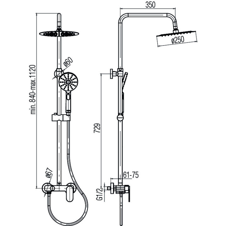 Dusch-set mit Armatur Valvex Loft, Aufputz-, quadratisch Kopfbrause 250mm, Handbrause 3-Funktions, Chrom