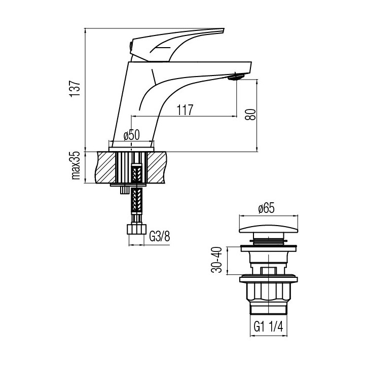 Waschtischarmatur Valvex Tube, stehend, Höhe 147mm, Auslauf 91mm, korek click-clack, Chrom