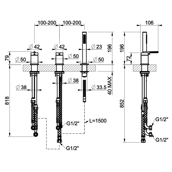 Wannenarmatur mit 3 anschlüssen Gessi Anello, do stosowania z napełnieniem przez Überlauf, stehend, 2 wyjścia wody, Dusch-Set, C