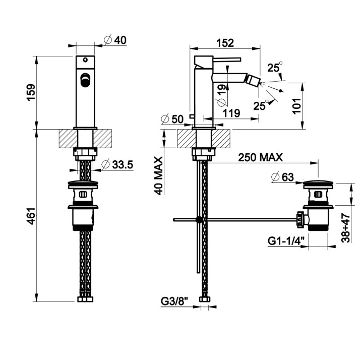 Bidetarmatur Gessi Flessa, stehend, Höhe 159mm, korek automatyczny, gebürsteter Stahl