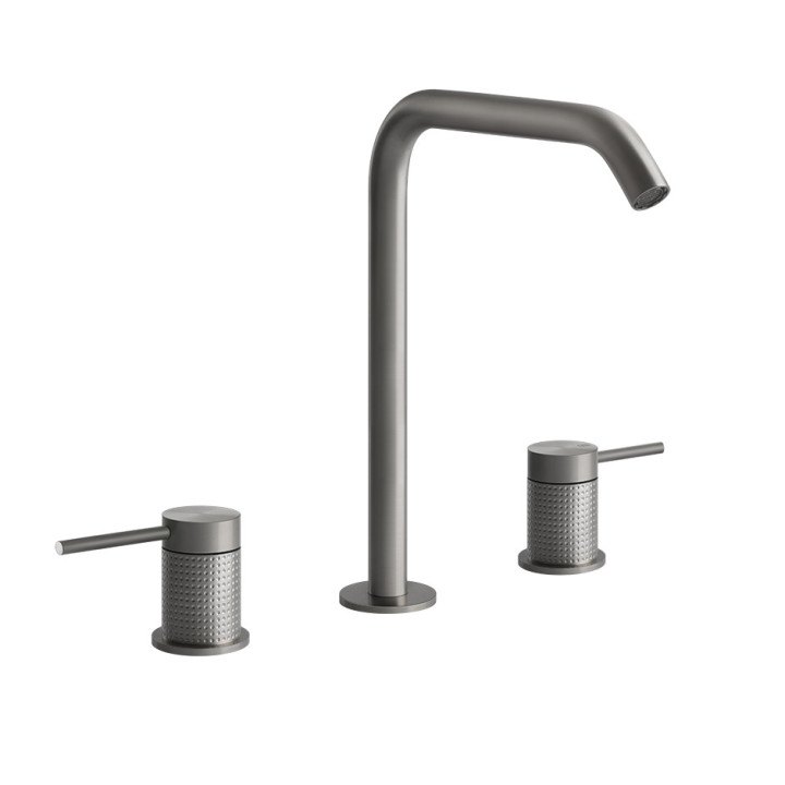 Waschtischarmatur mit 3 anschlüssen Gessi Meccanica, stehend, Höhe 273mm, ohne Stöpsel, gebürsteter Stahl