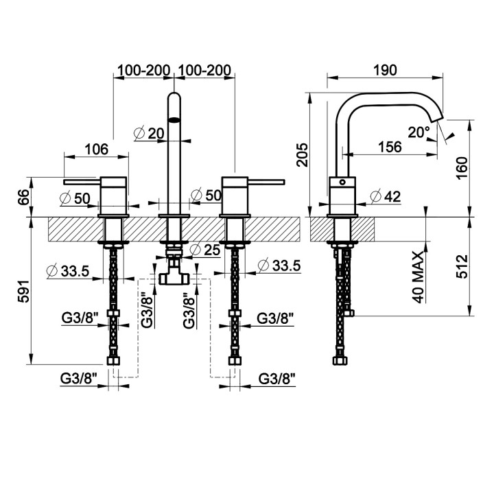 Waschtischarmatur mit 3 anschlüssen Gessi Cesello, stehend, Höhe 273mm, ohne Stöpsel, gebürsteter Stahl