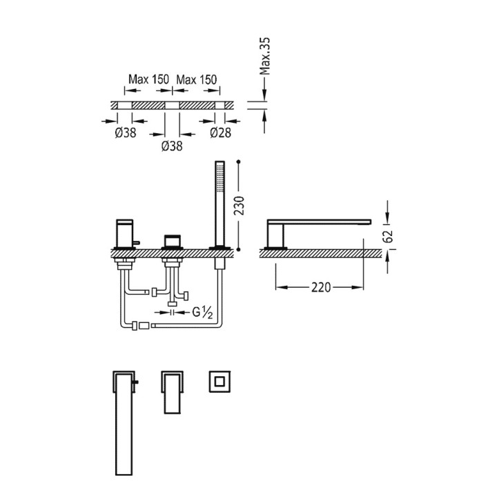 Wannenbatterie 3 mit Anschlüssen Tres Cuadro, Auslauf dł. 22 cm, Stahlowa,