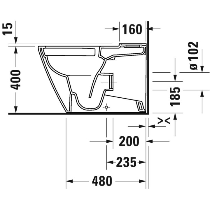 Becken Toiletten- stehend Duravit D-Neo Rimless, 58x37cm, Abfluss poziomy, bez rantu spłukującego, 4,5 l, UWL klasa 1, weiß