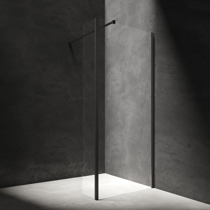Duschkabine walk-in Omnires Marina, 90x30cm, mit Seitenwand, Glas transparent, profil schwarz matt