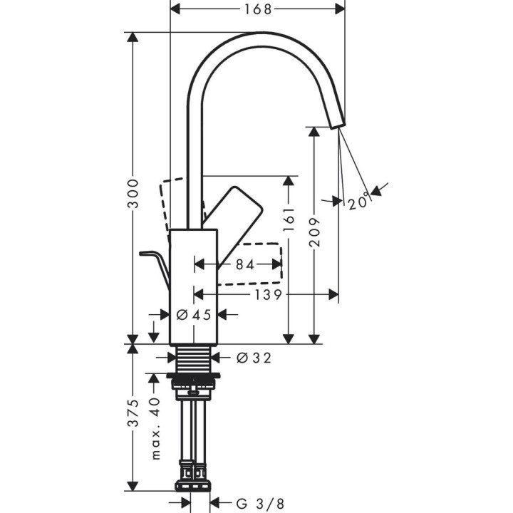 Waschtischarmatur Hansgrohe Vivenis, stehend, Einhebel-, Höhe 168mm, Set Ablauf-, Chrom