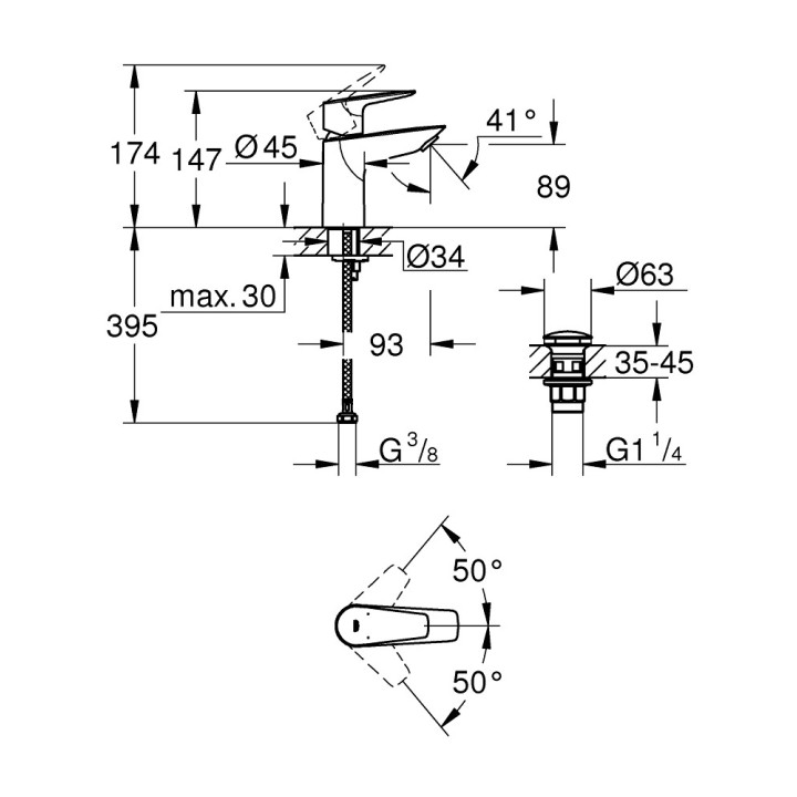 Waschtischarmatur Grohe BauEdge, stehend, Höhe 147mm, korek automatyczny, Chrom