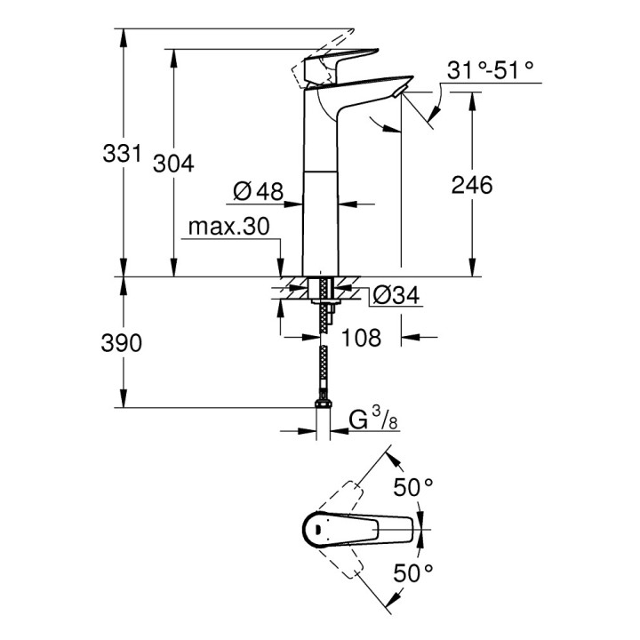 Waschtischarmatur Grohe BauEdge, stehend, Höhe 164mm, DN 15, rozmiar M, korek automatyczny, Chrom