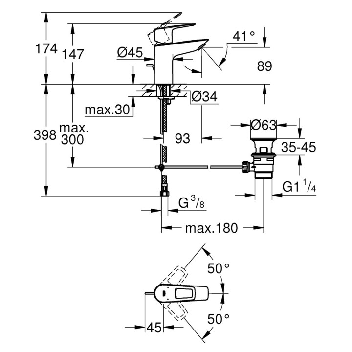 Waschtischarmatur Grohe BauEdge, stehend, Höhe 147mm, DN 15, rozmiar S, korek automatyczny, Chrom