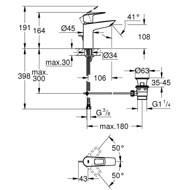 Waschtischarmatur Grohe BauLoop, stehend, Höhe 147mm, DN 15, rozmiar S, korek automatyczny, Chrom