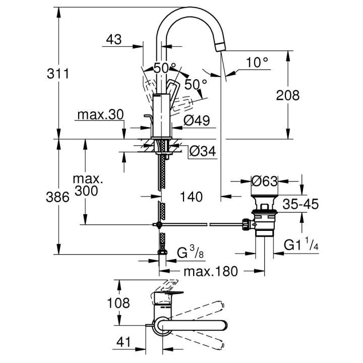 Waschtischarmatur Grohe BauLoop, stehend, Höhe 164mm, DN 15, rozmiar M, korek automatyczny, Chrom
