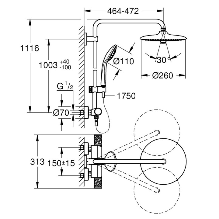 Duschsystem Grohe Euphoria System 310, Aufputz-, Armatur thermostatisch, 2 wyjścia wody, Chrom