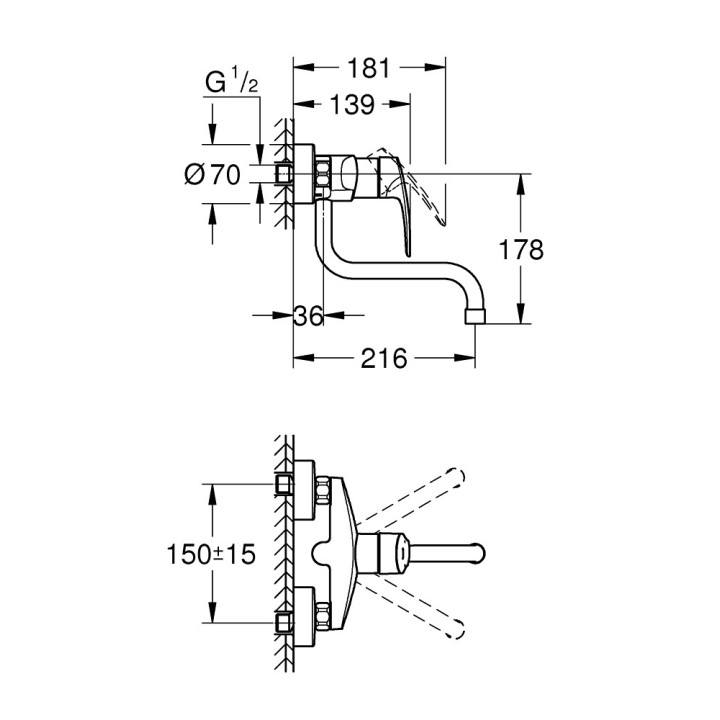 Spültischarmatur Grohe Eurosmart, Aufputz, DN 15, obracana Auslauf 216mm, Chrom