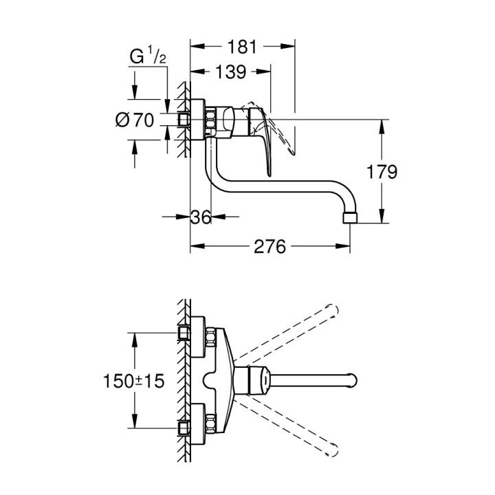 Spültischarmatur Grohe Eurosmart, Aufputz, DN 15, obracana Auslauf 150mm, Chrom