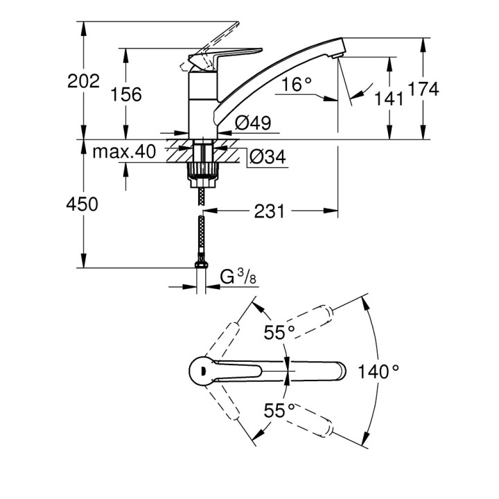 Spültischarmatur Grohe BauEdge, Höhe 193mm, DN 15, obracana Auslauf 222mm, Chrom