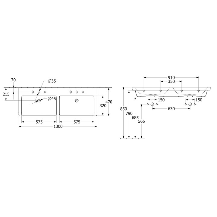 Waschtisch mit unterschrank doppelt Villeroy & Boch Subway 3.0, 130x47cm, z Überlauf, 2 otwory na armaturę, Weiss Alpin