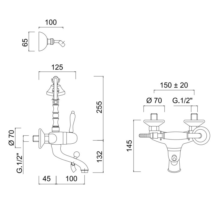 Wannenbatterie Giullini G. Praga, Aufputz, mit Brauseset, Chrom