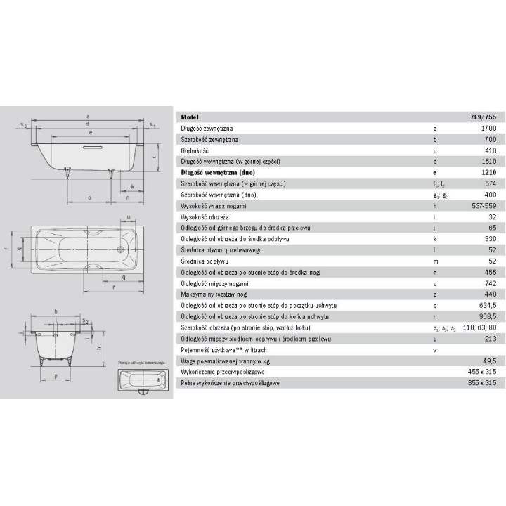Stahl-badewanne Kaldewei Cayono 170x70 - model 749, alpenweiß- sanitbuy.pl