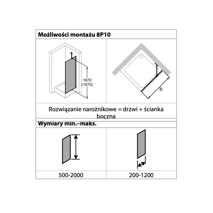 Seitenwand Huppe Design Pure Viereck, für Schwingtür, nach Maß, szerokość 200-1200mm, Höhe 500-2000mm, z narożnika, stabilizator
