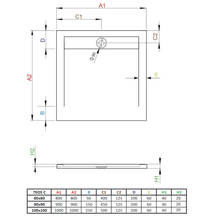 Duschwanne Radaway Teos C, 90x90, weiß