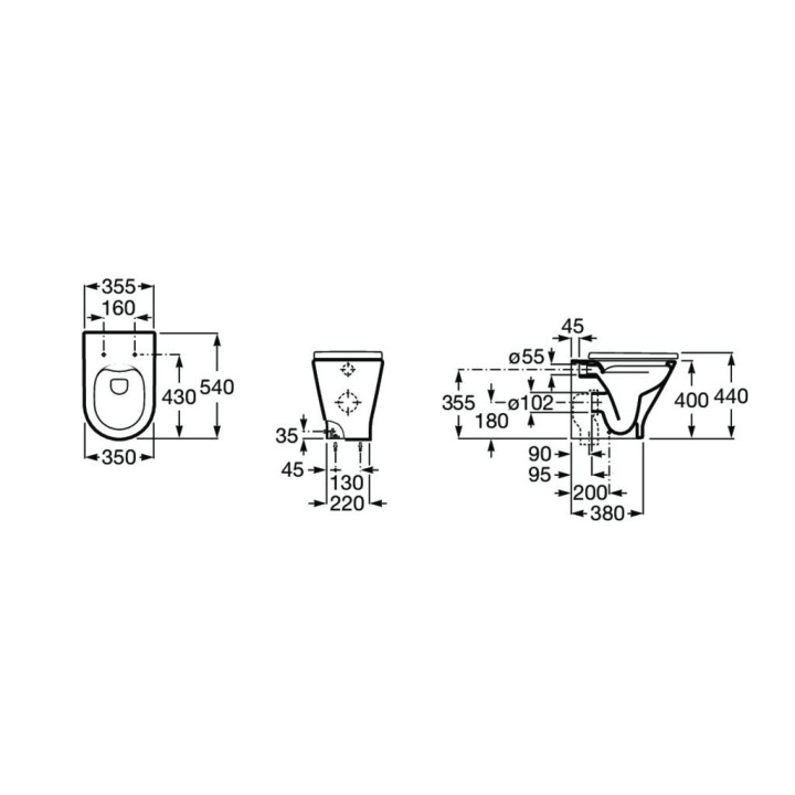 Becken stehend WC Roca Gap Round Rimless, 54x35,5cm, zur Wandmontage, Abfluss doppelt, weiß