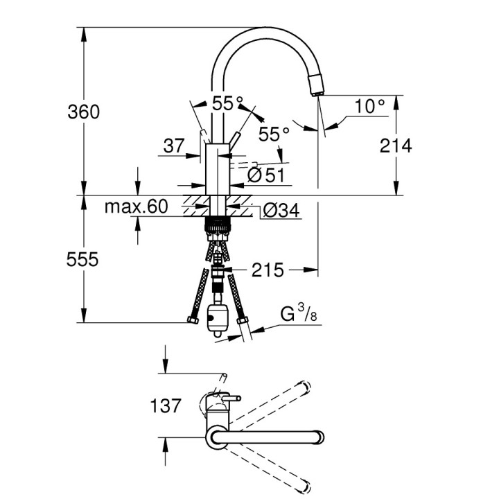 Spültischarmatur Grohe Concetto, stehend, Einhebel-, Höhe 360mm, herausziehbarer Auslauf, Chrom