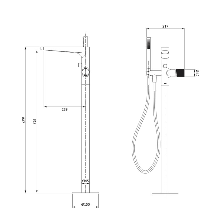 Wannenarmatur mit 4 anschlüssen Omnires Contour, stehend, 2 wyjścia wody, Dusch-Set, Chrom