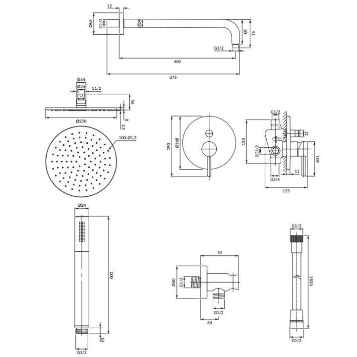 Thermostatisch Dusch-Set Omnires Contour, Unterputz, 2 wyjścia wody, antracyt