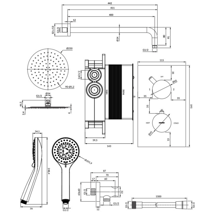 Duschsystem Omnires Y, Unterputz, 2 wyjścia wody, Kopfbrause 25cm, Handbrause 1-Funktions-, Chrom