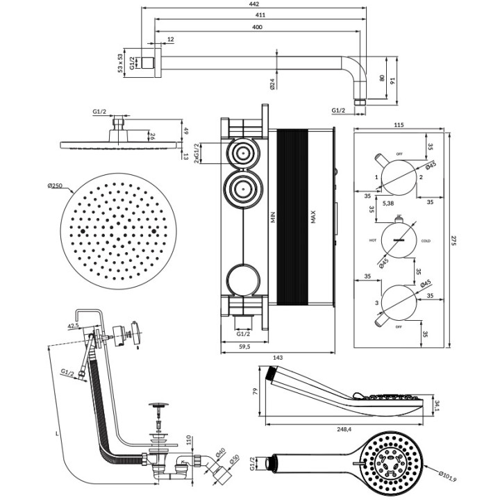Thermostatisch Duschsystem Omnires Y, Unterputz, 2 wyjścia wody, Kopfbrause 25cm, Handbrause 5-funkcyjna, Chrom