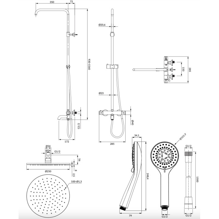 Omnires system Wannen-prysznicowy, Aufputz-, thermostatisch - schwarz matt