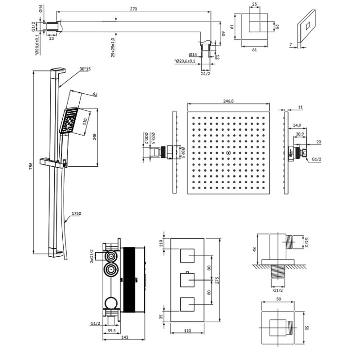 Duschsystem Omnires Y, Unterputz, 2 wyjścia wody, Kopfbrause 25cm, Handbrause 1-Funktions-, Chrom