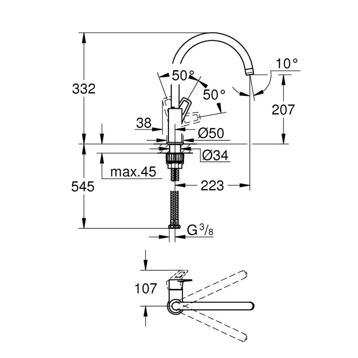 Spültischarmatur Grohe BauLoop, stehend, Höhe 332mm, obrotowa Auslauf, Chrom