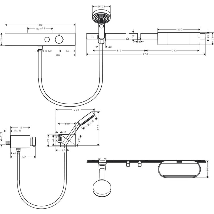 Dusch-set Hansgrohe WallStoris, Aufputz-, Armattur thermostatisch, 1 wyjście wody, mit Korb, wieszakiem i suwakiem, schwarz matt