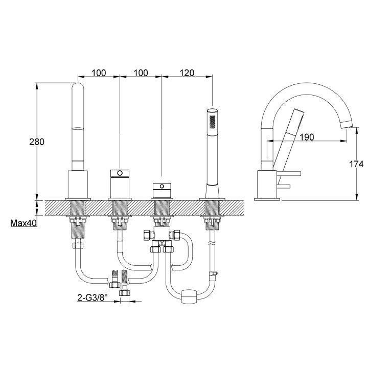 Wannenarmatur mit 3 anschlüssen Kohlman Axel, stehend, Auslauf 190mm, 2 wyjścia wody, Dusch-Set, Chrom