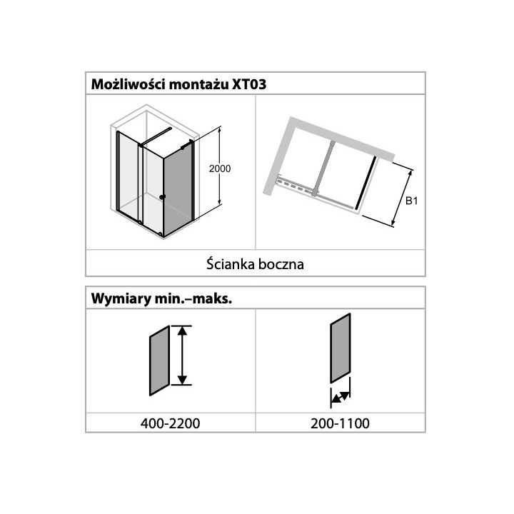 Seitenwand do Tür suwanych Walk-In Huppe Xtensa Pure Viereck, 800x2000mm, Glas transparent Anti-Plaque, Profil silbern glänzend