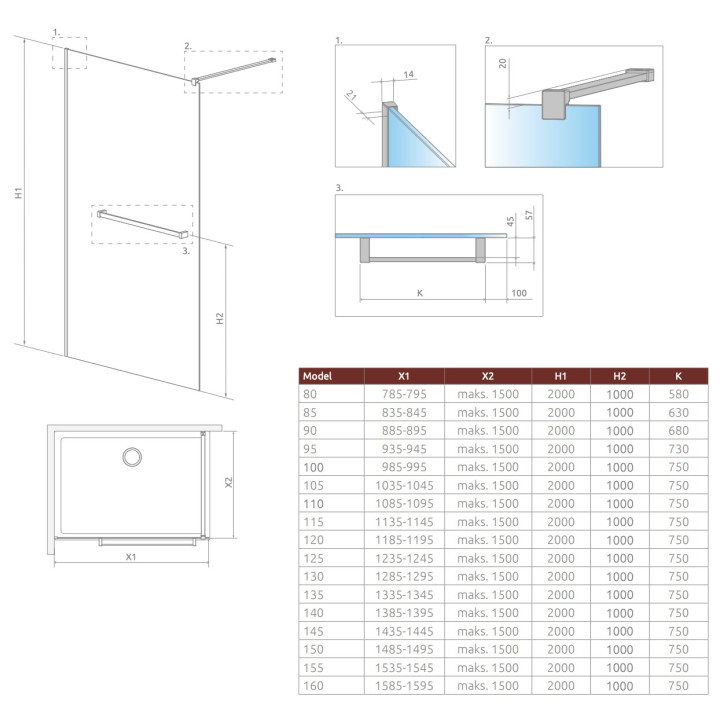 Tür Dusch- walk-in Radaway Essenza Pro White, 160x200cm, Glas transparent, weißes Profil