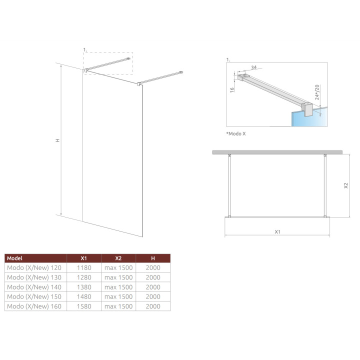 Wand Walk-In Radaway Modo New Black I 120 118x200cm, schwarz, Glas transparent